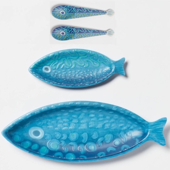 OpalHouse Bamboo Melamine Blue Fish Serving Platter 2 Pack + 2pc Spoon Set NWT - Picture 1 of 3